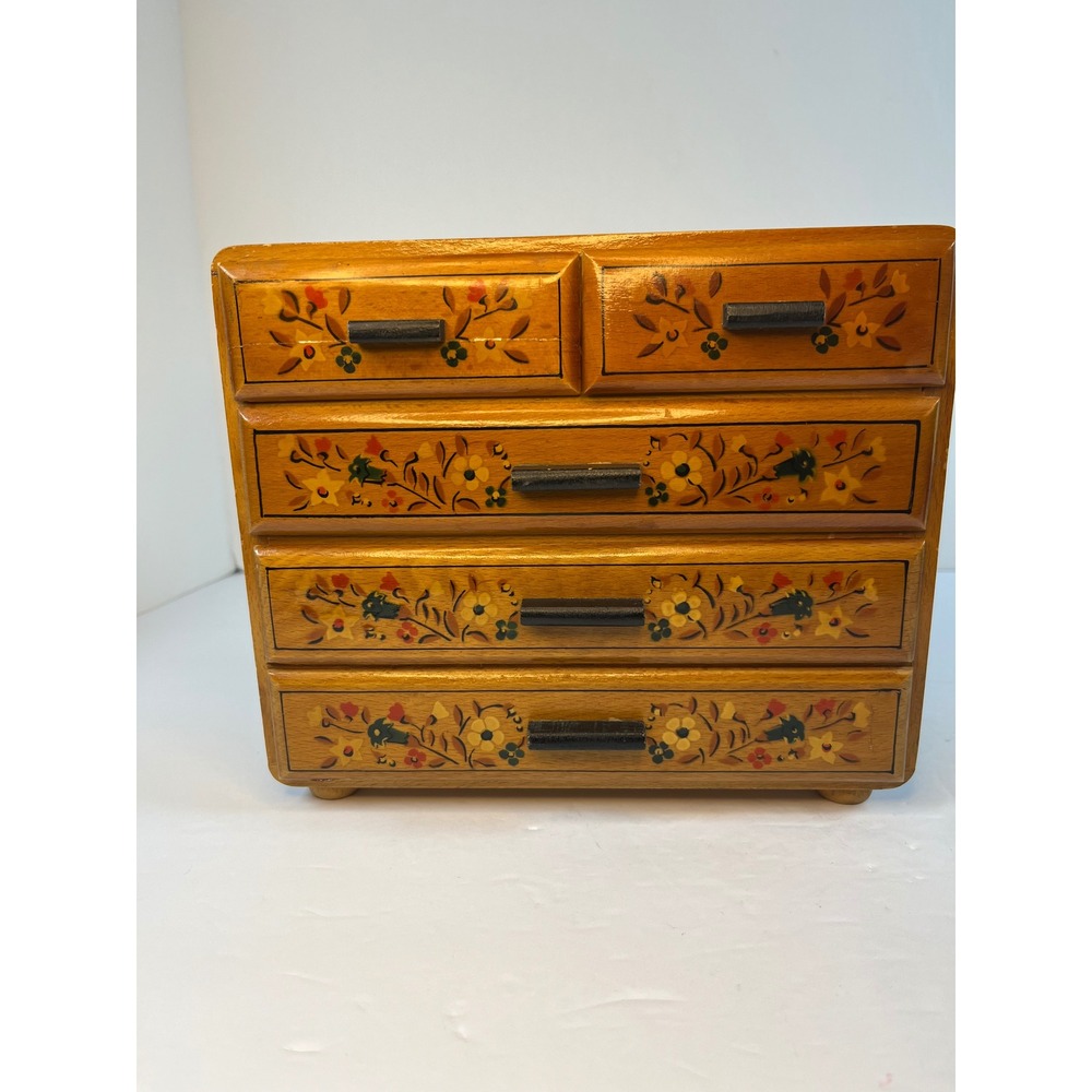 Vintage Hand Painted Floral Wooden Mini Chest 5 Drawers Jewelry Box Organizer